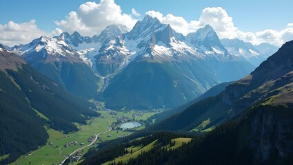 Fototapeta premium Majestic snow capped peaks overlooking verdant valleys with rivers
