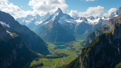 Obraz premium Majestic snow capped peaks overlooking verdant valleys with rivers