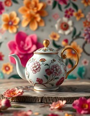 Elegant Porcelain Teapot with Gold Handle and Paper Flowers	