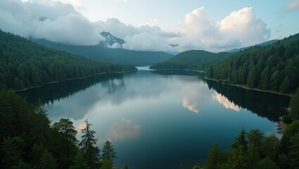 Tranquil lake in forest with mirror like water reflecting trees and clouds