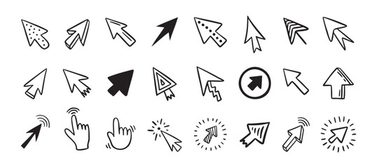 Cursor doodle icon set. Click cursor hand drawn set. Isolated mouse cursor 