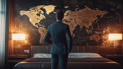 Businessperson in a luxurious hotel room with a world map, planning a global expansion.