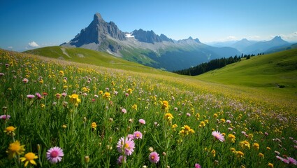 Fototapeta premium Vibrant wildflowers in alpine meadow under blue sky