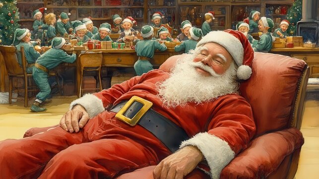 Paint a serene Santa lounging with detailed elves working in a crowded workshop Show the humorous contrast between relaxation and frenzy in a watercolor style