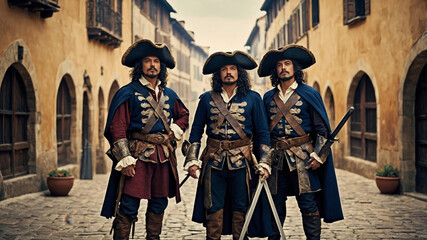 Three musketeers in historical costumes stand proudly in old town