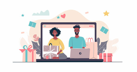 Couple Celebrating Online With Gifts And Laptop