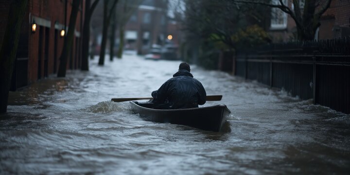 A person is seen paddling a small boat through a flooded street in a residential area, illustrating themes of resilience and adaptation to climate change.