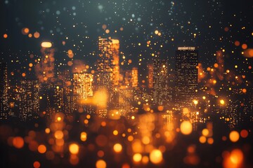 Naklejka premium 3D rendering of the city lights in orange and yellow, with blurred buildings at night. The city is surrounded by many small glowing light particles that give it an ethereal feel. 