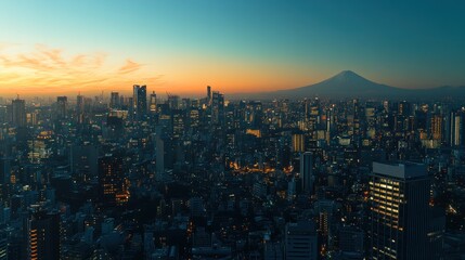 Naklejka premium Tokyo Skyline at Dusk with Mount Fuji in the Distance