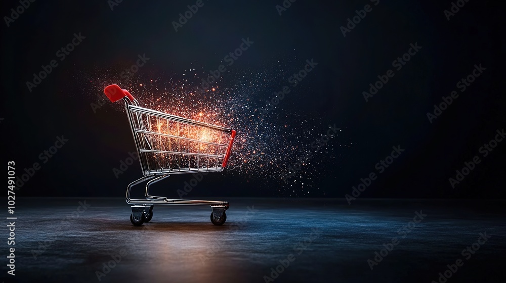 Poster shopping cart with sparkles in dark background
