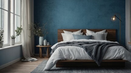 Close up Scandinavian interior design of modern bedroom. Bed near blue stucco wall\