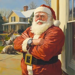 Illustrate an eye-level angle view of Santa waiting impatiently outside a house