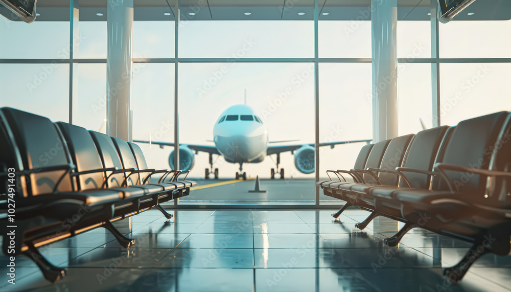 Poster white airplane is parked in front of a row of chairs in an airport terminal. the chairs are arranged