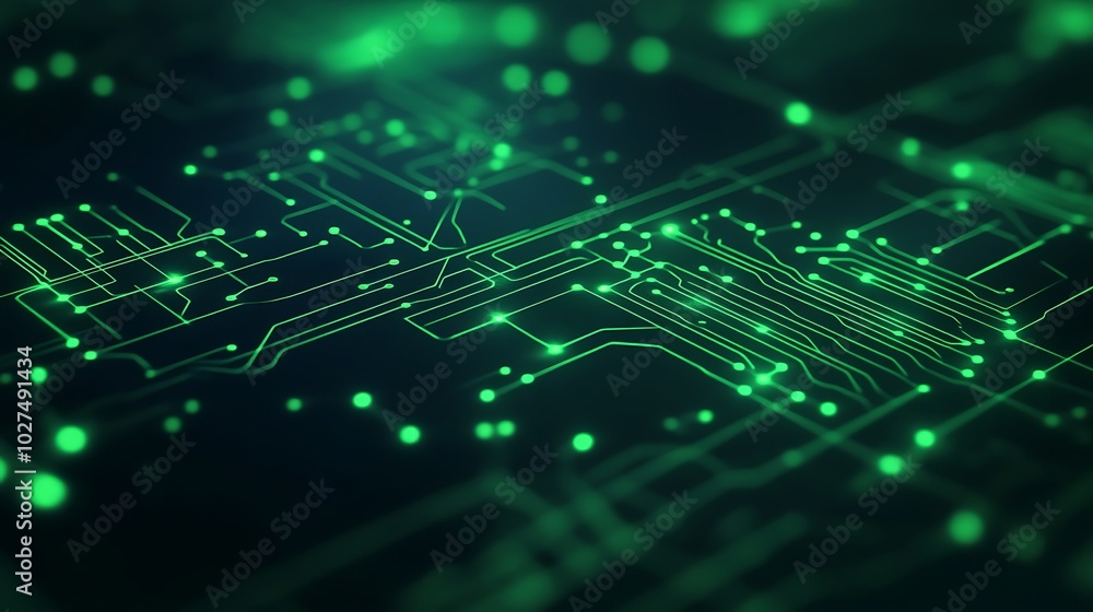 Poster abstract glowing green circuit board pattern.