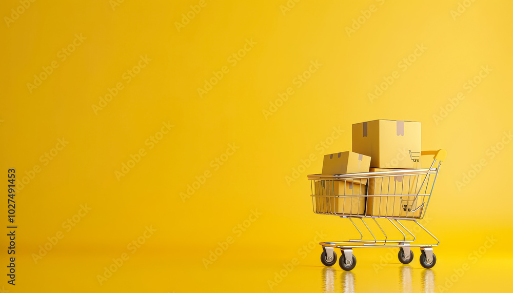 Poster shopping cart is piled high with boxes, and it is sitting on a bright yellow background. the cart is