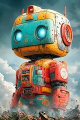 Vibrant Watercolor Poster of a Giant Robot