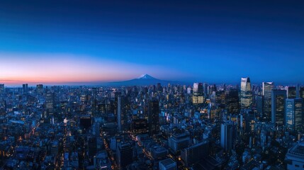 Naklejka premium Tokyo Skyline at Dusk with Mount Fuji in the Distance