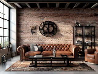 露出レンガと革のソファが映えるインダストリアルリビングルーム | Industrial Living Room with Exposed Brick and Leather Sofa