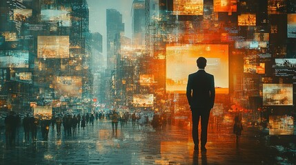 Fototapeta premium A lone man stands in a city landscape composed of digital screens and reflections.