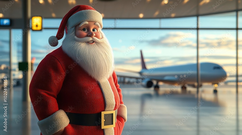 Wall mural illustrate a santa at an airport, vibrant red suit, and white beard contrast against modern surround