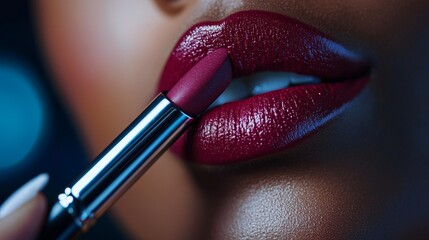 Obraz premium Close-up beauty makeup: A lipstick being carefully applied to vibrant lips, showcasing the artistry and focus of beauty makeup