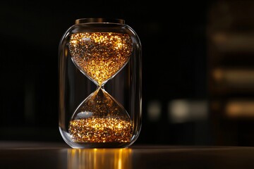 A clear glass hourglass with golden sand, against a dark background. 