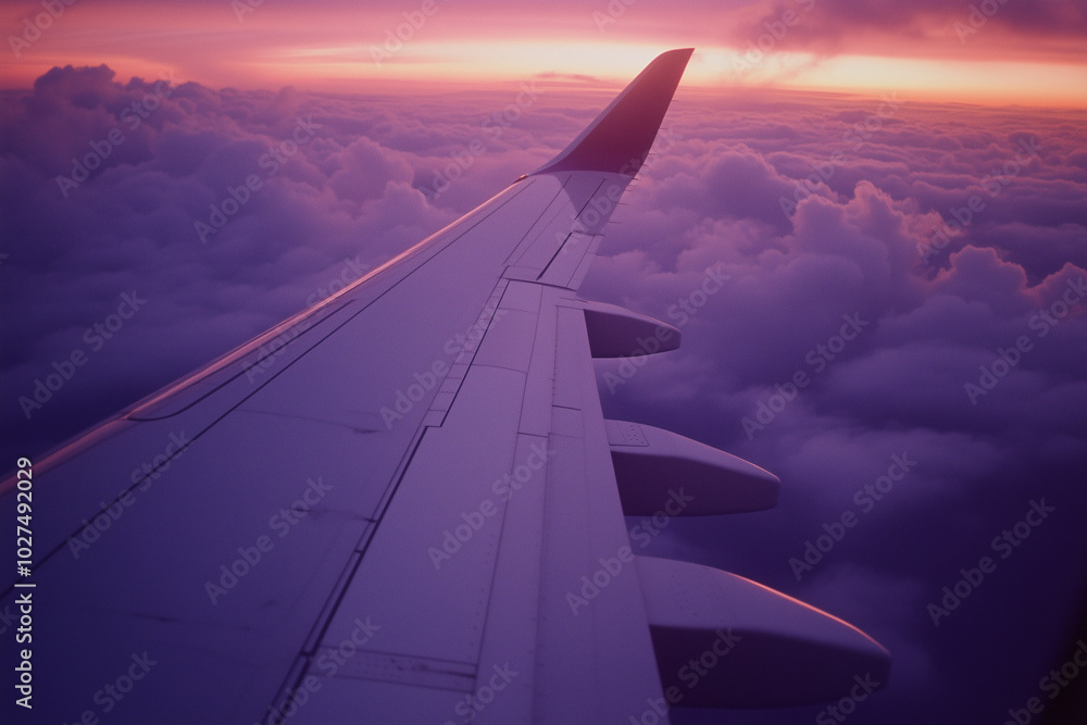 Wall mural a view of the wing from inside an airplane window, with the sky painted in hues of blue and purple a