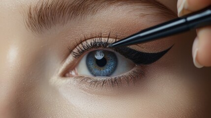 Close-up beauty makeup: Flawless application of winged eyeliner on a model's eyes, capturing the precision of a beauty makeup routine