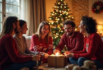 Fototapeta premium A group of people are sitting around a Christmas tree, laughing