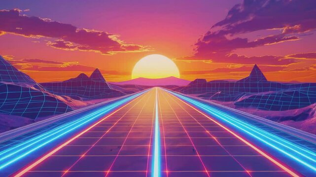 A futuristic neon-lit highway extending into the horizon, with a vibrant, glowing sunset. The road is surrounded by geometric mountains in a digital landscape, blending retro 80s aesthetics with a mod