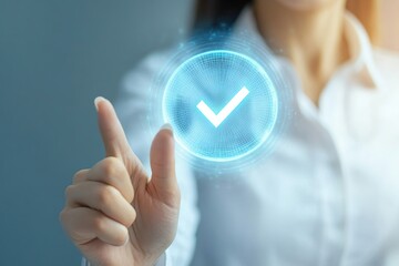 Businesswoman hand showing digital check mark icon symbol