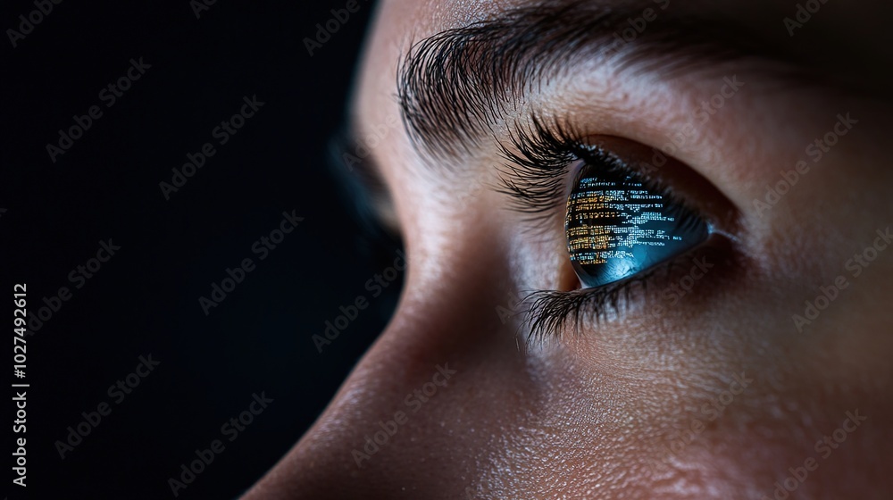 Poster eye with code reflections in dark background