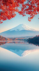 Fototapeta premium Mount Fuji Reflected in a Calm Lake with Autumn Trees