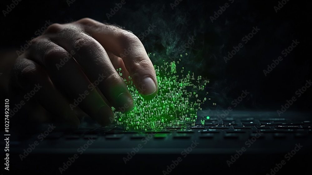 Poster digital hand over keyboard with green data effect