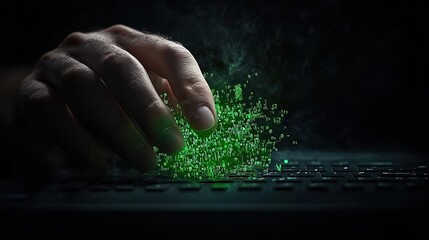 Digital Hand Over Keyboard with Green Data Effect