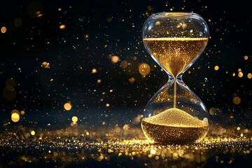 A clear glass hourglass with golden sand, against a dark background. 