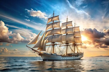 Obraz premium Concept = Close-Up Title of a vintage windjammer style ship with full sails on the open sea.