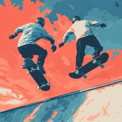 Naklejka premium Two skateboarders performing tricks in mid-air against a colorful sky.