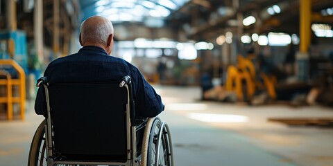 Obraz premium An elderly man sits in a wheelchair, gazing into the vast space of a sunlit industrial building, a poignant scene that underscores themes of reflection and change.