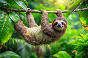 Photograph a sloth hanging upside down from a tree branch, surrounded by lush tropical foliage in a rainforest.
