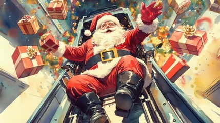 Fototapeta premium Illustrate a Birds-eye view of Santa in an oversized gift-wrapping machine, with exploding gifts in vibrant watercolors