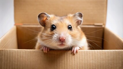 Obraz premium Concept = Title: Hamster exploring a cardboard box from eye level