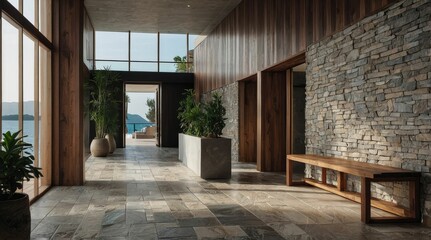 Obraz premium Coastal interior design of modern entrance hall with stone tiles wall and wooden rustic elements