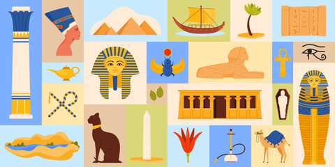 Travel to Egypt geometric banner design with ancient Egyptian civilization elements, mythology and archeology set. Eye of Horus and pyramids, scarab and papyrus, hookah cartoon vector illustration