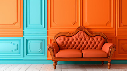 terra cotty sofa against orange and teal background