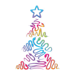 New Year festive banner in the form of a Christmas tree made of snakes - the Chinese symbol of the year. Bright rainbow palette. Vector illustration