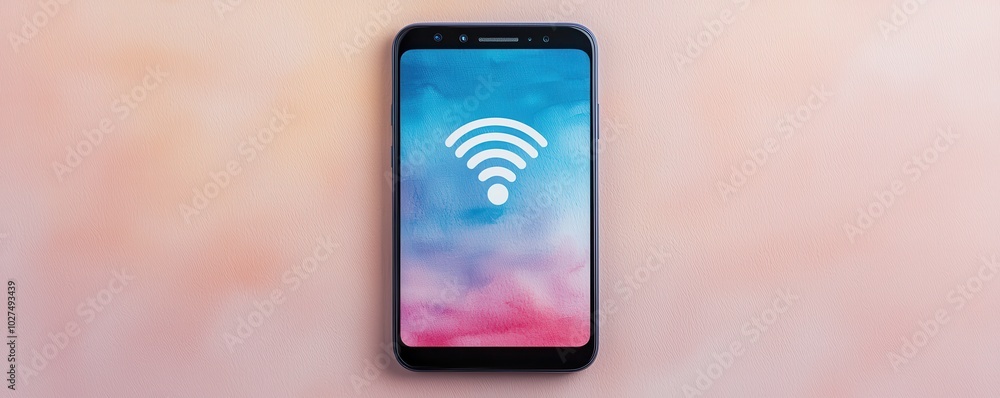 Aufkleber smartphone displaying wi-fi signal icon on abstract colorful background.