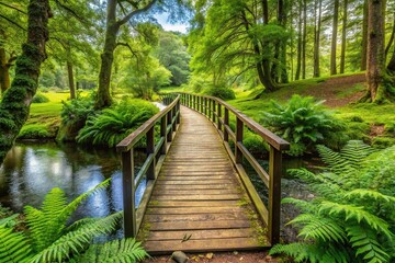 Obraz premium Concept: Silhouette path with a bridge crossing the river, trees, grass, and fern
