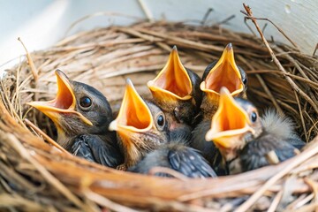 Obraz premium Feature a nest of baby birds peeking out from their nest, their beaks open wide, eager to be fed by their parent. 