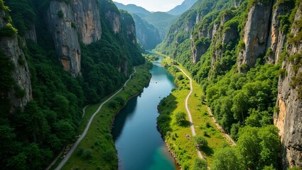 Aerial view of green valley river cliffs wildflowers